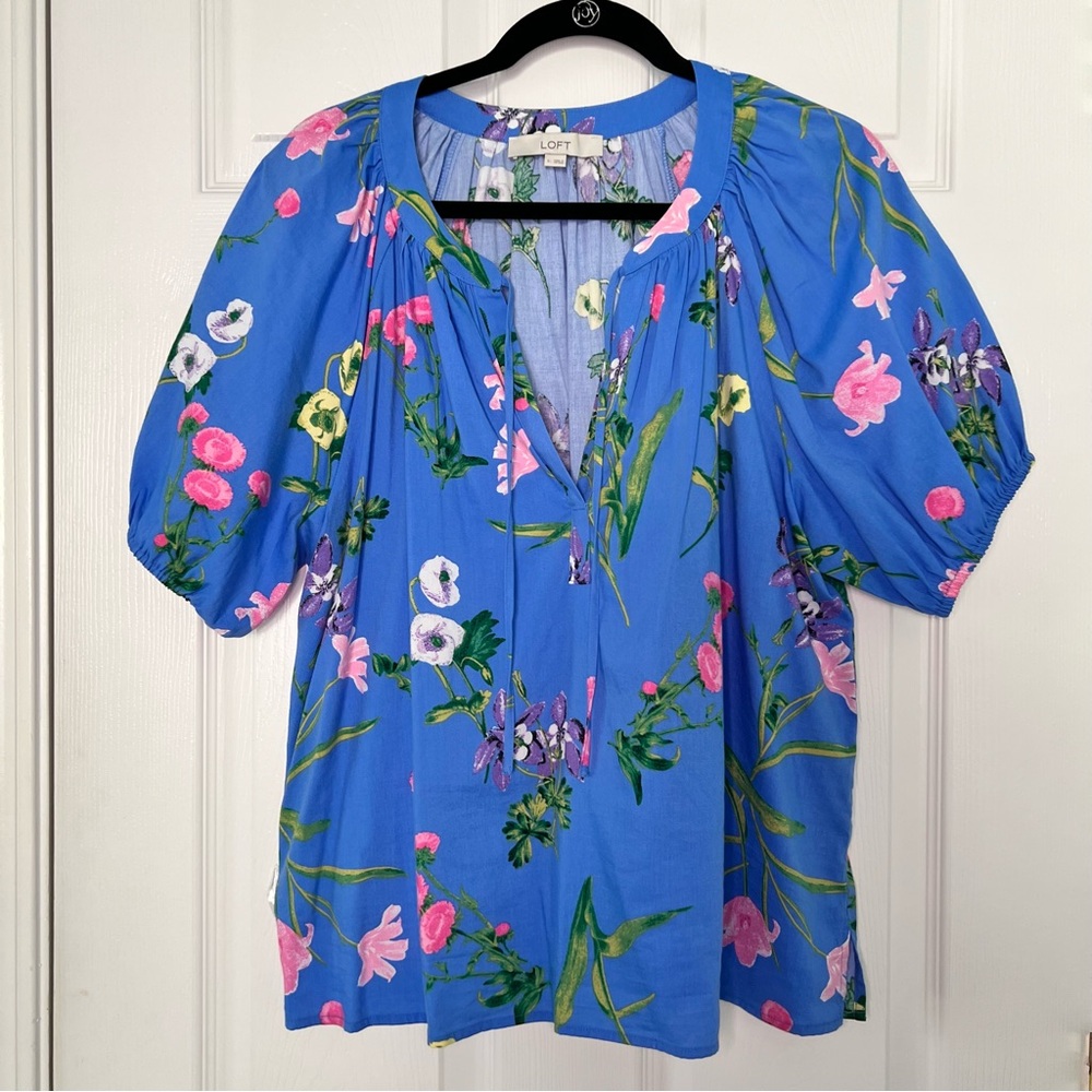 Blue Floral Puff-Sleeve Women's Blouse